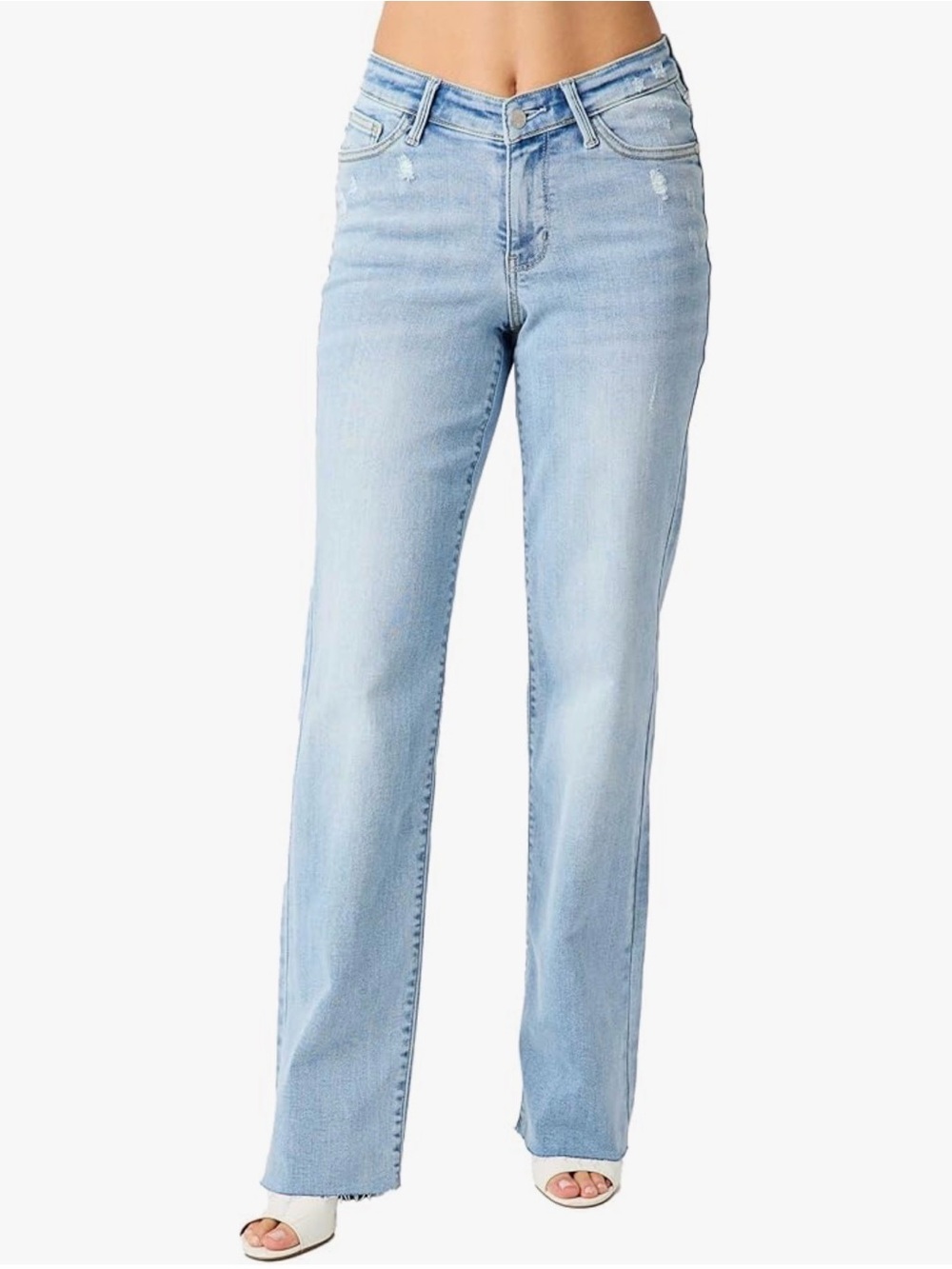 Judy Blue V Front Waistband Straight Jeans Light Distressed Raw Hem Size 7/28